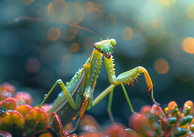 Photo a praying mantis is sitting on a plant