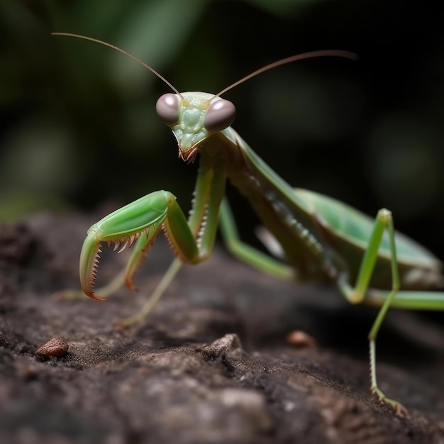 カマキリが岩の上に座っており、背景が暗い。