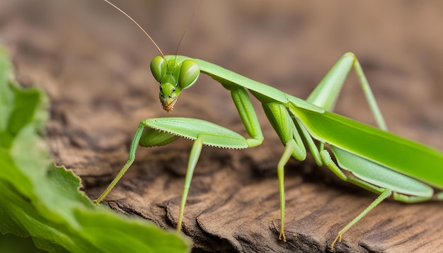 Photo a praying mantis is sitting on a wooden surface