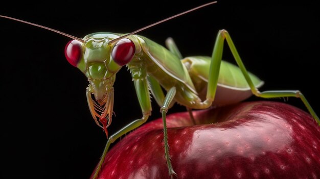 Photo a praying mantis sits on an apple