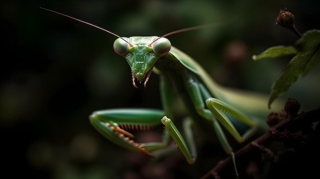 A praying mantis sits on a branch.