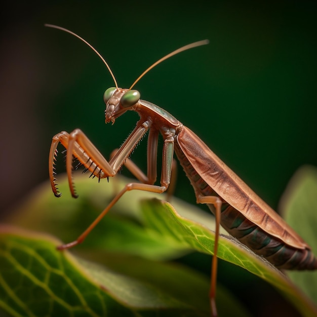 A praying mantis sits on a leaf with a green background.