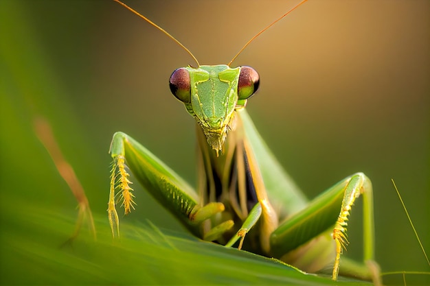 A praying mantis sits on a leaf.