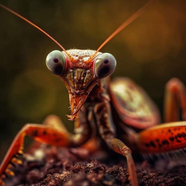 茶色の背景を持つカマキリ