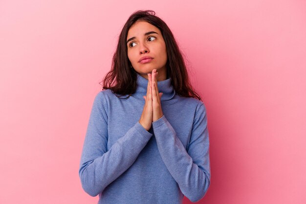 Praying showing devotion religious person looking for divine inspiration