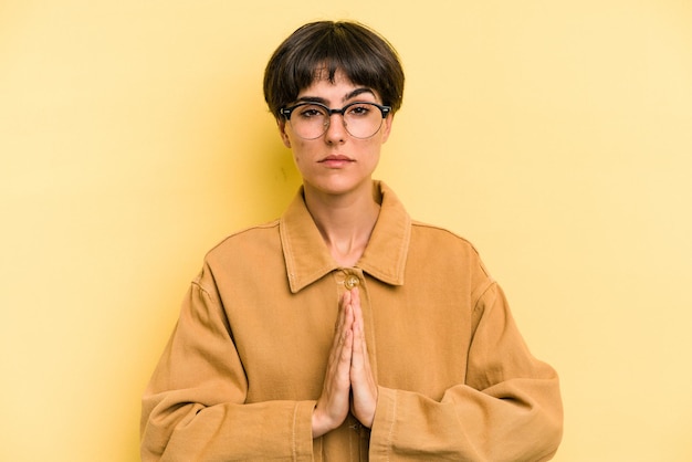 Praying showing devotion religious person looking for divine inspiration