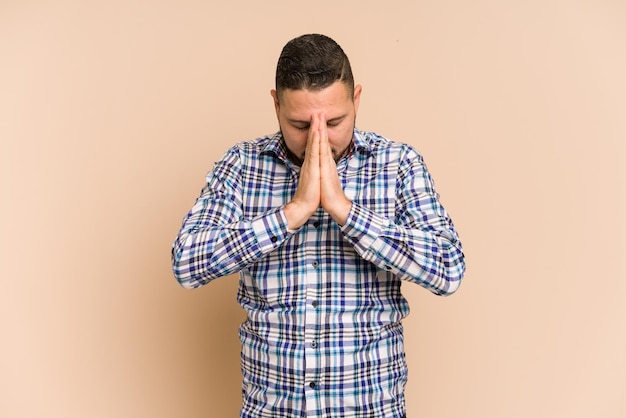 Praying showing devotion religious person looking for divine inspiration