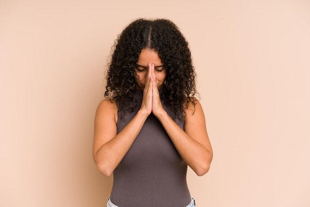 Praying showing devotion religious person looking for divine inspiration