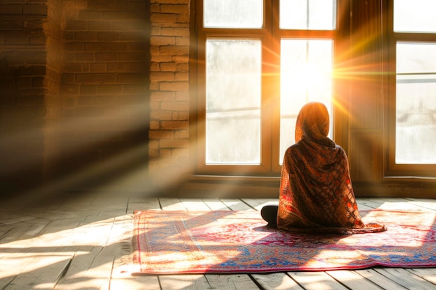 Praying woman in Muslim traditions praying for faith care and Ramadan kareem