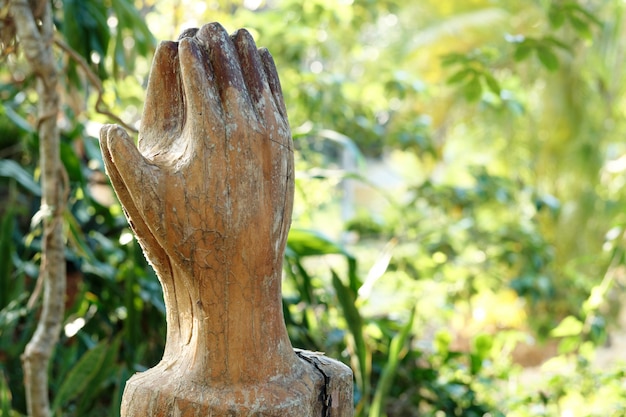 Фото Молящиеся деревянные руки на зеленом фоне природы
