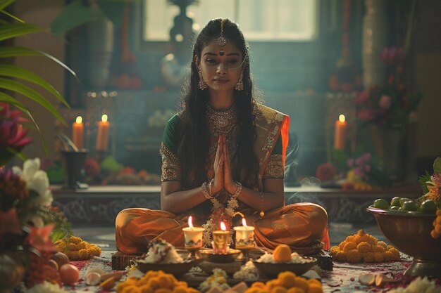 Photo praying young indian woman happy ugadi greeting card