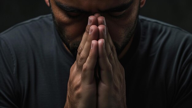 写真 暗いスタジオで祈る若い男