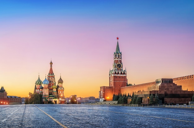 Pre-dawn Red Square in Moscow with St. Basil's Cathedral and Spasskaya Tower