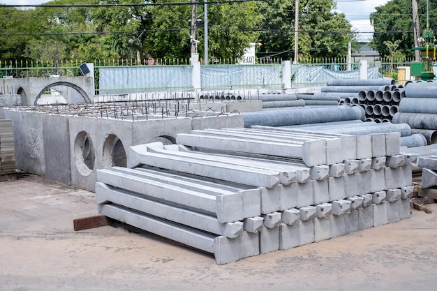 Precast concrete pillars neatly arranged in a building material shop prefabricated cement pillars