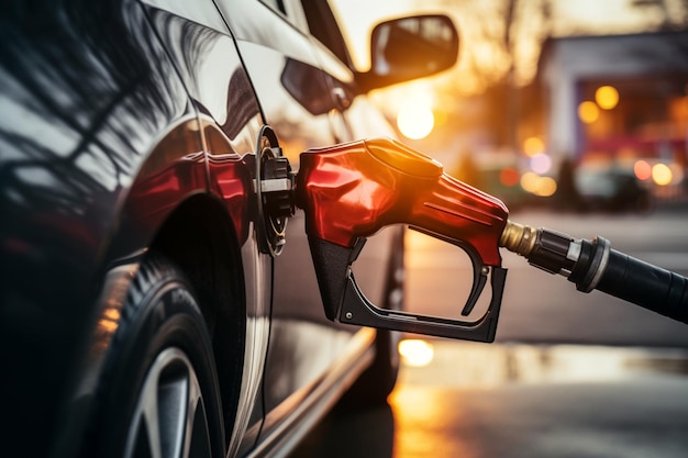 Precies moment waarop de man van dichtbij aanwezig is bij het tanken van auto's bij een benzinestation