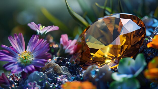 Photo precious gemstone crystal mineral with flowers