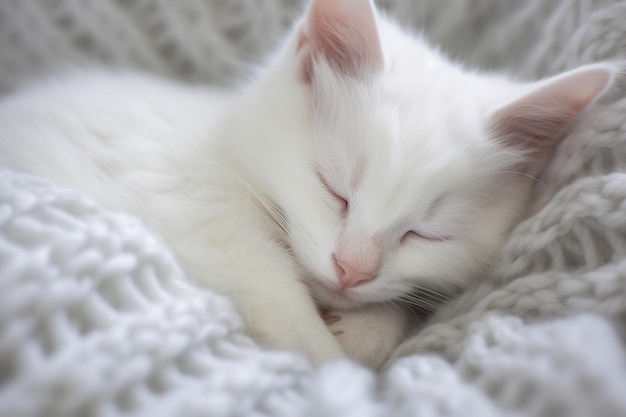 precious white kitten peacefully curled up and sound asleep on a soft plush white blanket