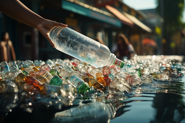 재활용 습관을 촉진하는 재활용 쓰레기통에 정확한 각도의 여성 손이 플라스틱 병을 던집니다.