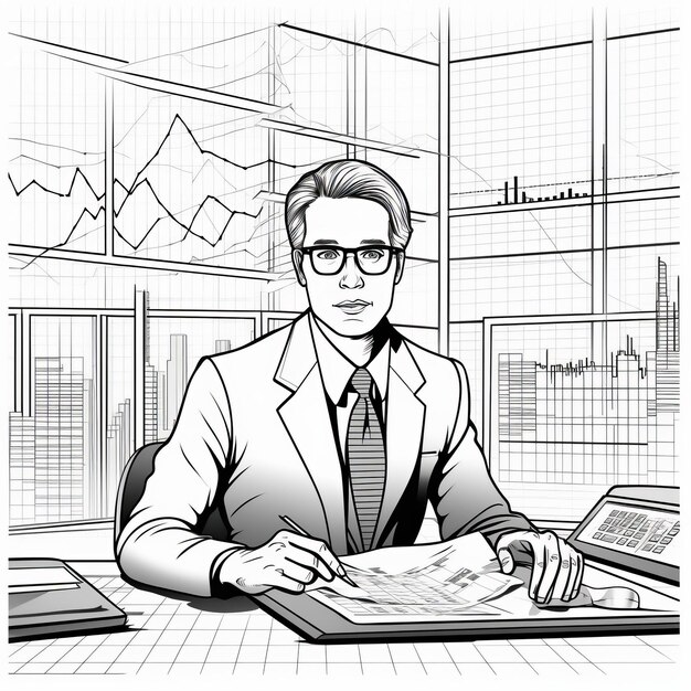 Precise And Lifelike Black And White Illustration Of A Businessman At Work