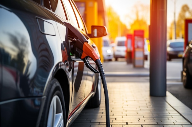 Precise refuel Fuel nozzle serves car tank at the gas station accurately