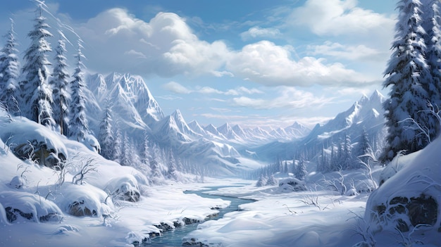 Precise rendering of a snowcovered winter landscape