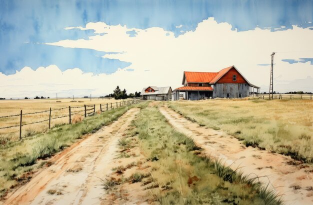 Precise Watercolor Painting Of Restored Farmhouse On Dirt Road