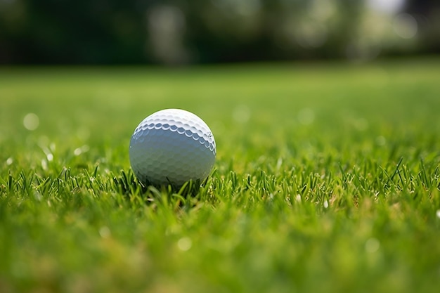 Precisie in het spel Close-up van witte metalen golfbal op groen gras generatief door AI