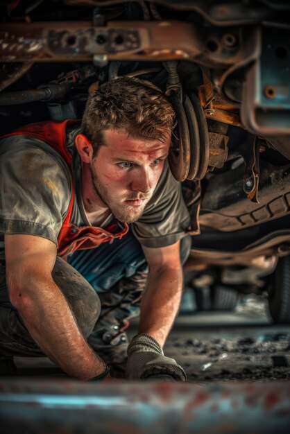 Foto precisione in azione meccanico esperto che ripara il telaio dell'auto