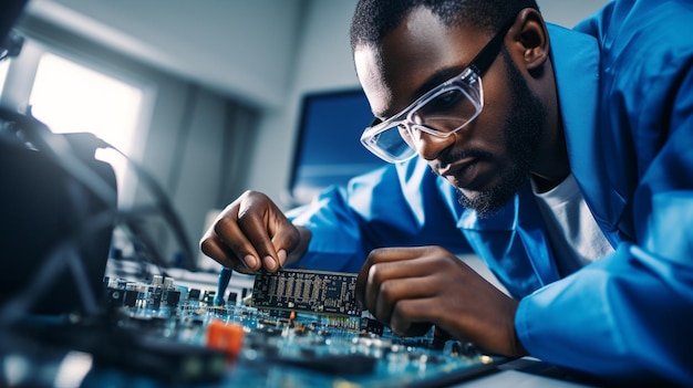 Precision Assessment Young Engineer Checks Soldered Computer Chip