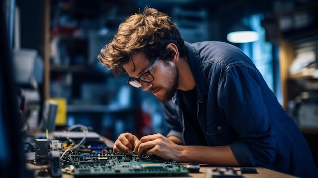 Foto valutazione di precisione giovane ingegnere controlla un chip per computer saldato