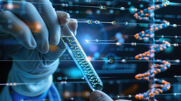 생명공학의 정밀함: 한 사람이 DNA 플을 튜브에 넣고 염기서열 기계에 넣는다.