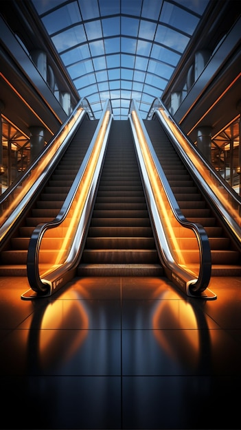 Precision capture Detail shot reveals escalator in contemporary building or subway station Vertical