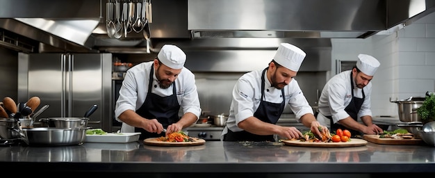 Precision in the Culinary Studio Chefs Crafting Dishes with Architectural Flair in Candid Daily Env
