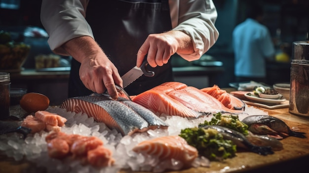 Precision in deboning fish fillet fishmongers hands garnishes