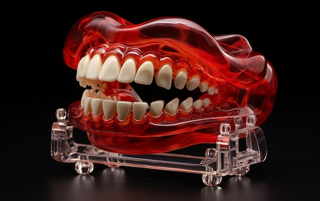 正確な歯科ケアの透明な赤いアライナーと3Dプリントされた<unk>モデル