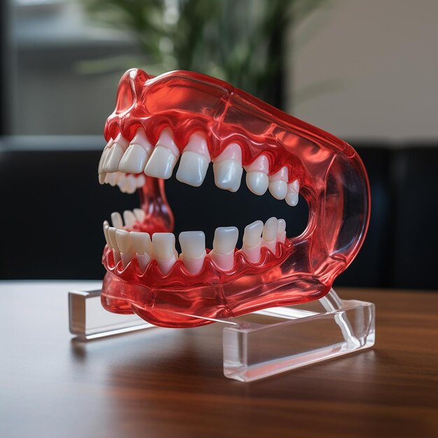 Precision Dental Care Transparent Red Aligner and 3D Printed Jaw Model