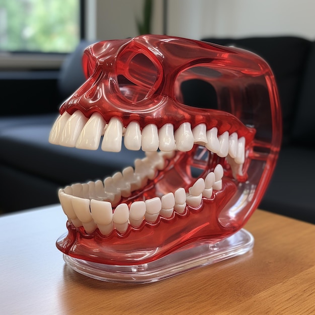 Precision Dental Care Transparent Red Aligner and 3D Printed Jaw Model