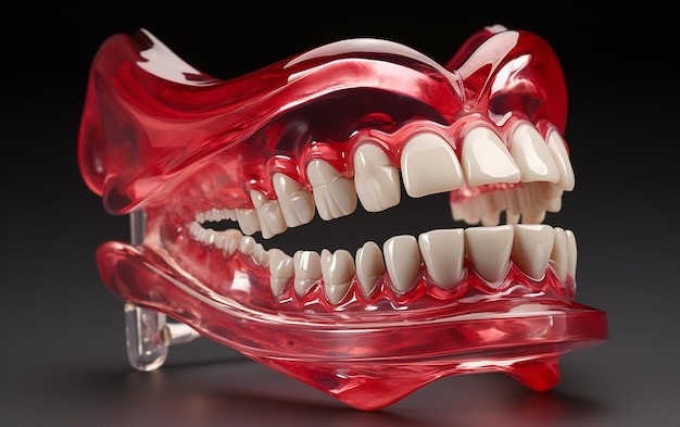 Precision Dental Care Transparent Red Aligner and 3D Printed Jaw Model