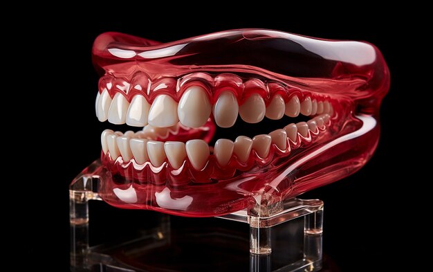 Precision Dental Care Transparent Red Aligner and 3D Printed Jaw Model