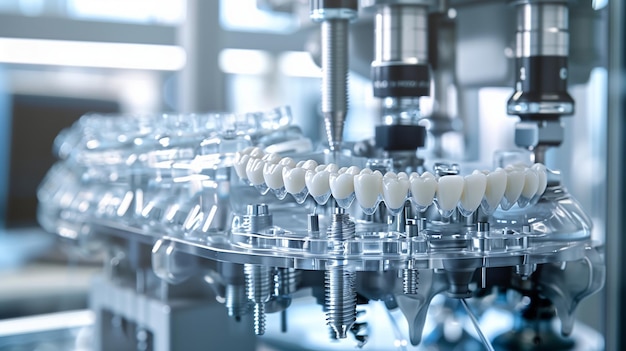 Photo precision dental implants and crowns on display in a modern laboratory