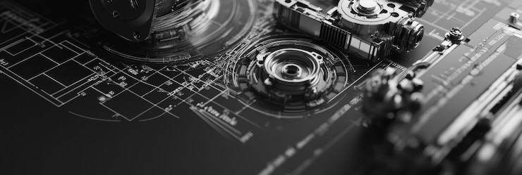 Photo 精密工学機械部品のブループリント 複雑なものを展示する詳細なブループリンット