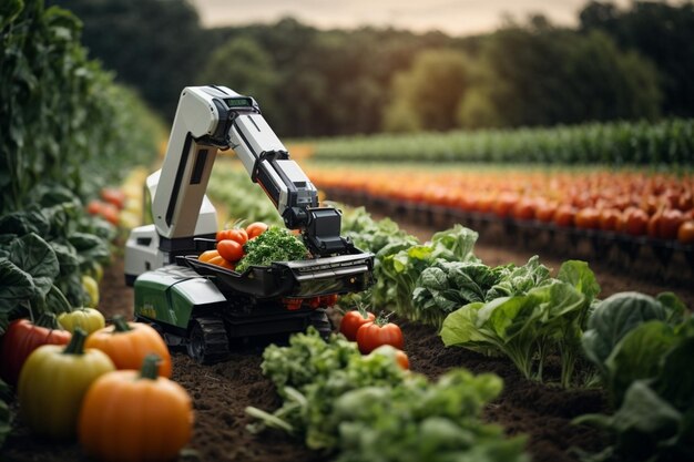 Precision farming robotic arm harvesting vegetables symbolizes agricultural automation ar c