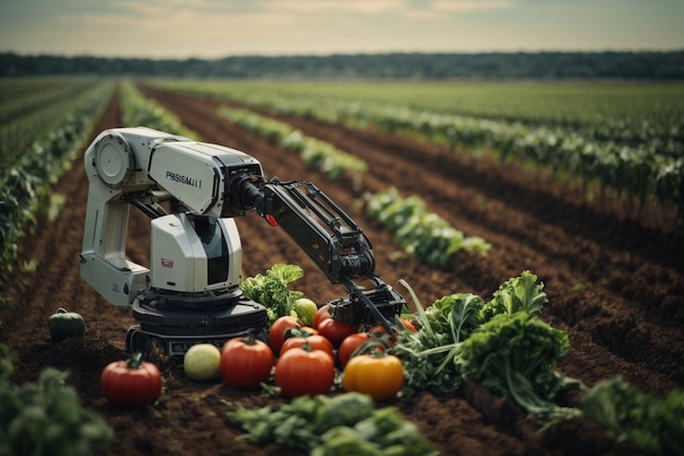 Precision farming robotic arm harvesting vegetables symbolizes agricultural automation ar c