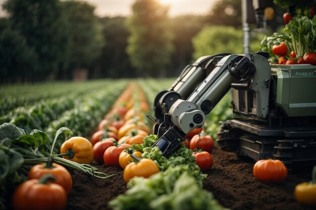 야채를 수확하는 정밀 농업 로봇 팔은 농업 자동화 아크를 상징합니다.