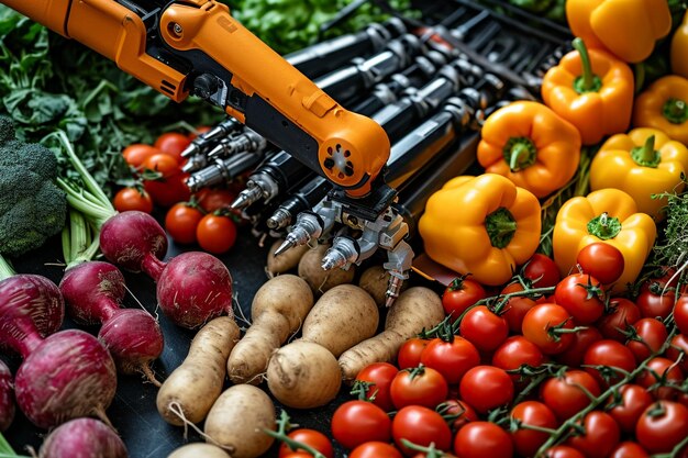 Foto il braccio robotico per l'agricoltura di precisione che raccoglie le verdure simboleggia il mobi verticale dell'automazione agricola
