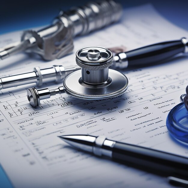 Photo precision in healthcare closeup of medical instruments on paperwork