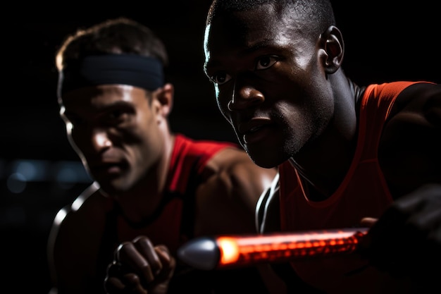 Photo precision in mid race baton handoff showcases team concentration runner image