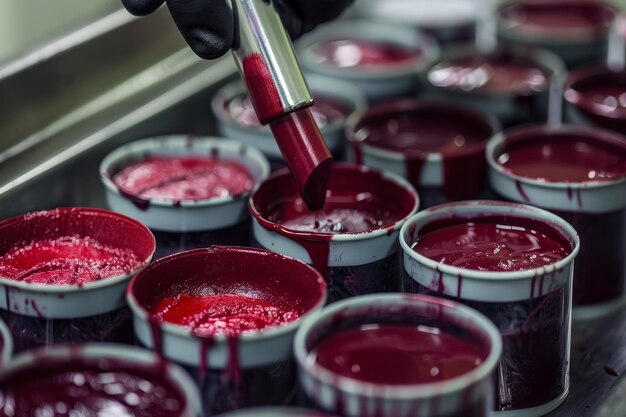 Foto robot di precisione che applica il colore al rossetto in un processo di produzione di cosmetici