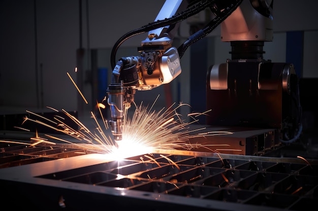 Precision welding robot working on complex structure with intricate details visible