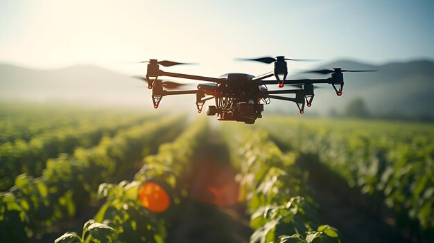 Photo precisioncontrolled drone spraying organic pesticides on a sunlit tomato field